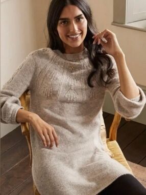 BODEN Balloon Sleeve Cable Bobble Knit Heathered Oatmeal Sweater Dress Size 8